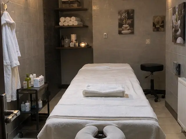 Raflarında havlu duran, bornozlu masaj odası — Firuzköy, Masaj Salonun