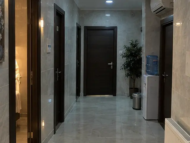 Aydınlık mermer koridor ve bekleme köşesi — Firuzköy, Masaj Salonun